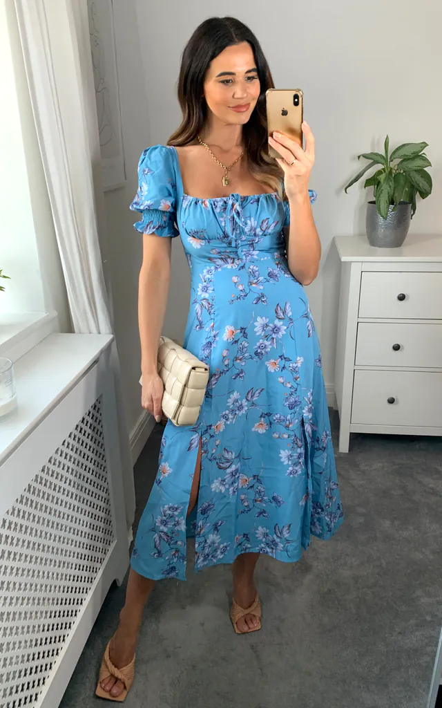 blue bardot midi dress Smocked Bardot Midi Dress