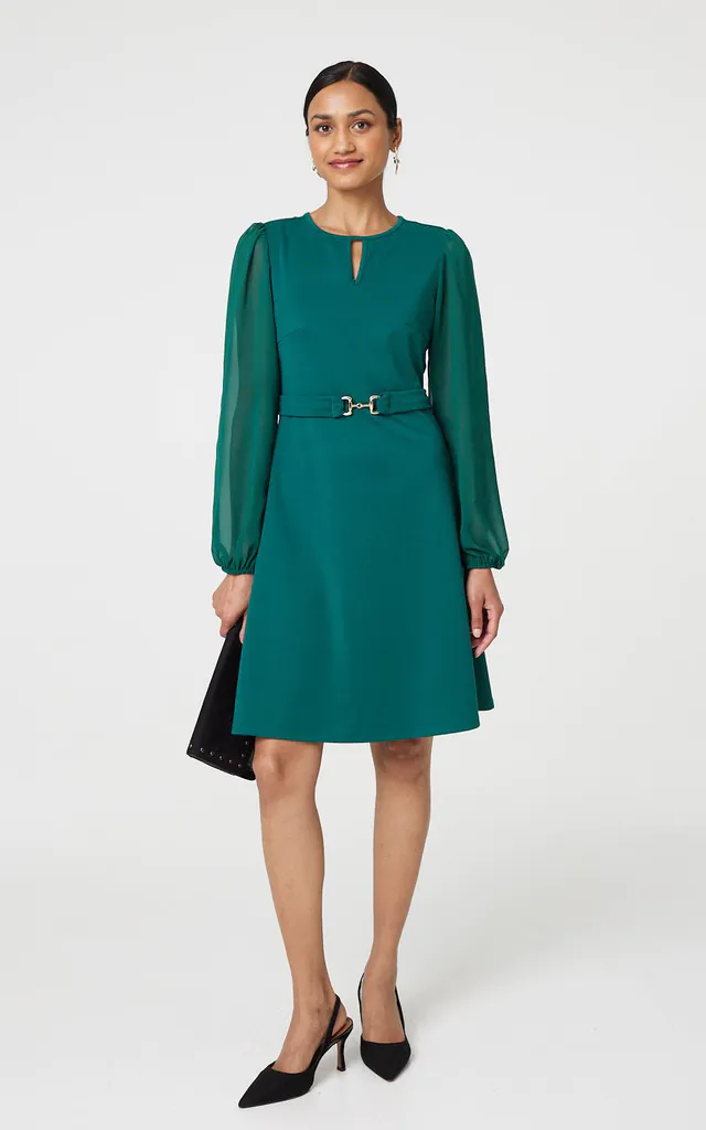 Emerald Long Sleeve Skater Dress with Belt | Izabel London | SilkFred Emerald Long Sleeve Skater Dress with Belt | Izabel London | SilkFred