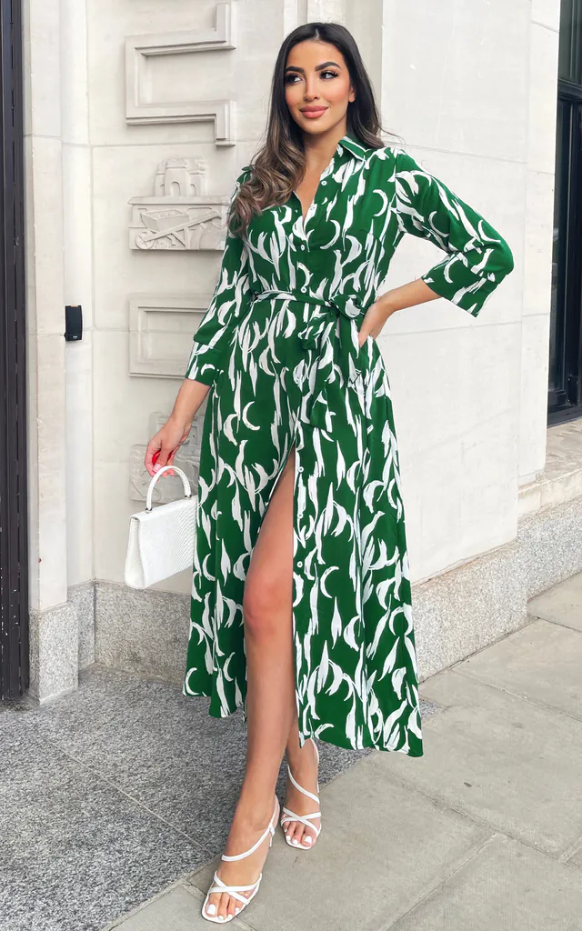 Green And White Printed Button Up Long Sleeve Midi Dress | AX Paris | SilkFred Green And White Printed Button Up Long Sleeve Midi Dress | AX Paris | SilkFred