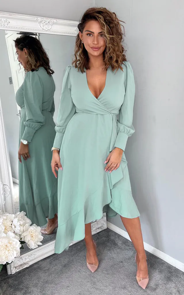 Duck Egg Long Sleeve Frill Wrap Midi Dress | AX Paris | SilkFred Duck Egg Long Sleeve Frill Wrap Midi Dress | AX Paris | SilkFred