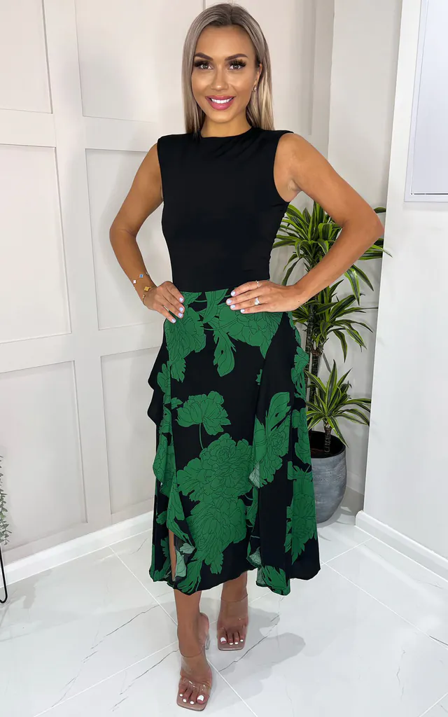 Green And Black Floral Print 2 in 1 Midi Dress | AX Paris | SilkFred Green And Black Floral Print 2 in 1 Midi Dress | AX Paris | SilkFred