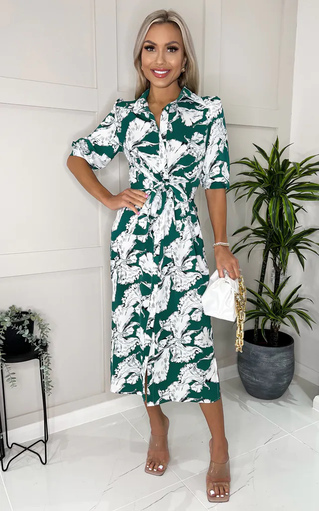 Green And White Floral Printed 3/4 Sleeve Midi Shirt Dress | AX Paris | SilkFred Green And White Floral Printed 3/4 Sleeve Midi Shirt Dress | AX Paris | SilkFred