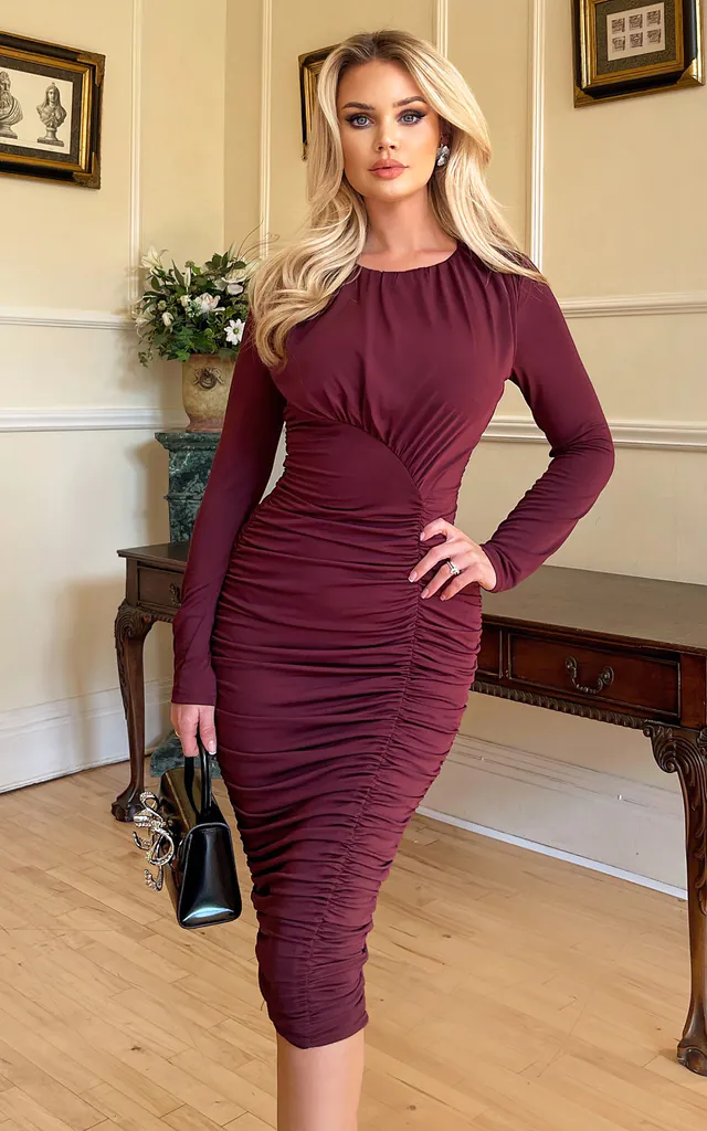ax paris ruched bodycon dress Black Wrap Top Long Sleeve Ruched Bodycon Midi Dress AX Paris