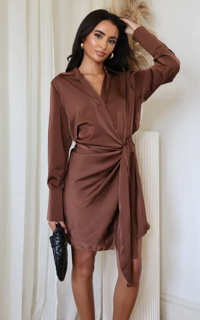 Chocolate Satin Wrap Long Sleeve Mini Dress | AX Paris | SilkFred Chocolate Satin Wrap Long Sleeve Mini Dress | AX Paris | SilkFred