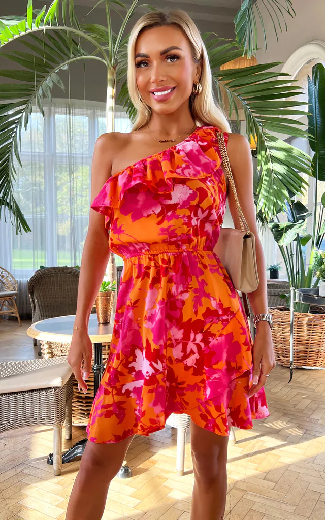 orange and pink short dress Orange & Pink Floral Strapless Bodycon Mini Dress Ruched Tube Dress Juniper