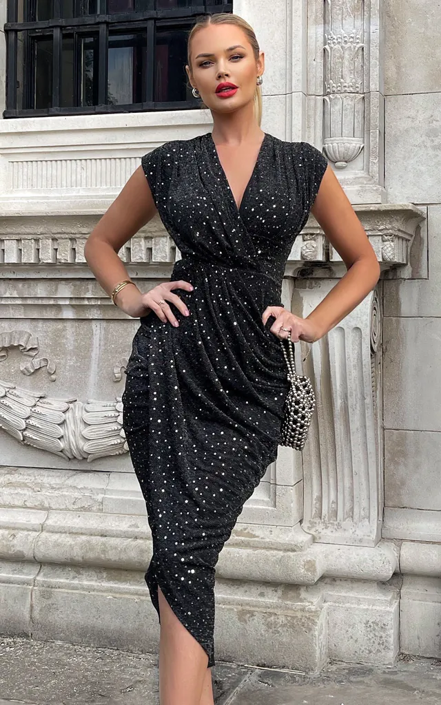 Black Glitter Wrap Draped Midi Dress | AX Paris | SilkFred Black Glitter Wrap Draped Midi Dress | AX Paris | SilkFred