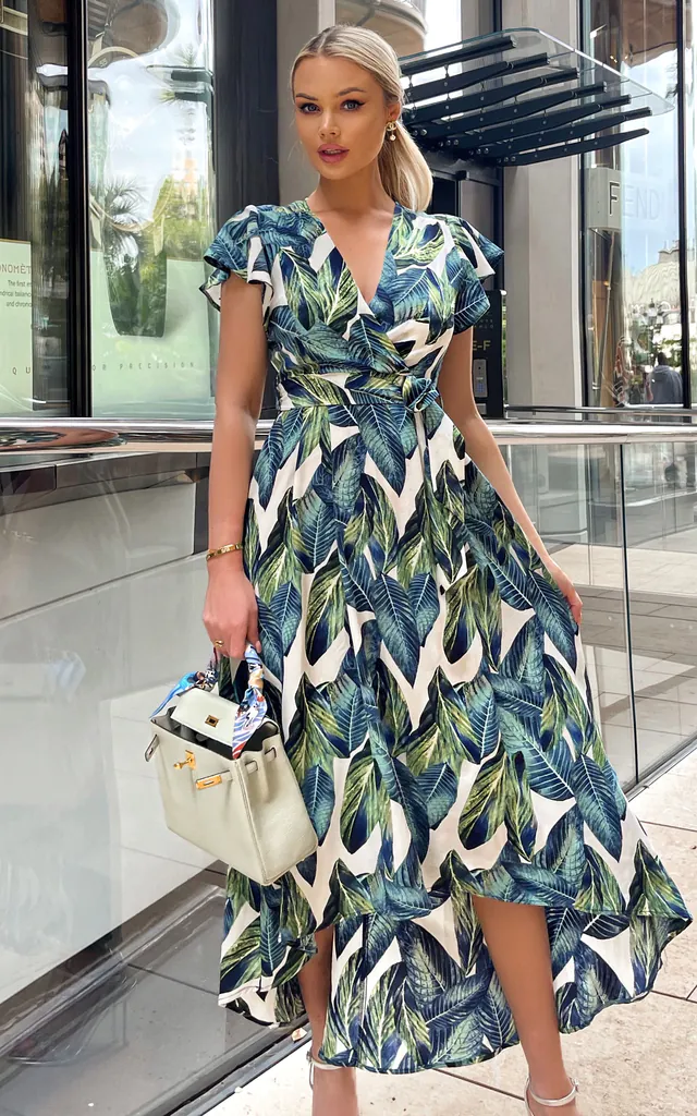 Blue Leaf Print Short Sleeve Belted Wrap Midi Dress | AX Paris | SilkFred Blue Leaf Print Short Sleeve Belted Wrap Midi Dress | AX Paris | SilkFred
