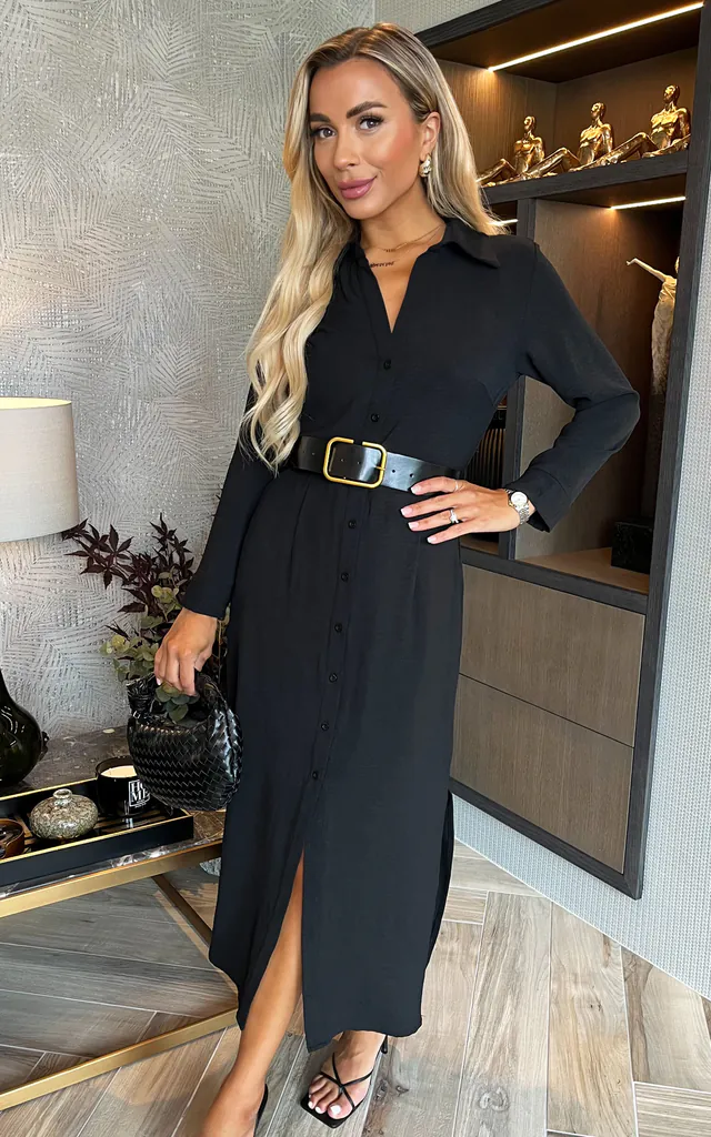 Black Button Front Belted Shirt Midi Dress | AX Paris | SilkFred Black Button Front Belted Shirt Midi Dress | AX Paris | SilkFred