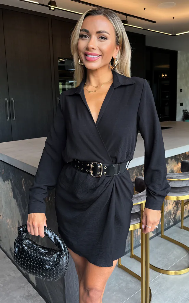 Black Wrap Top Long Sleeve Belted Mini Dress | AX Paris | SilkFred Black Wrap Top Long Sleeve Belted Mini Dress | AX Paris | SilkFred