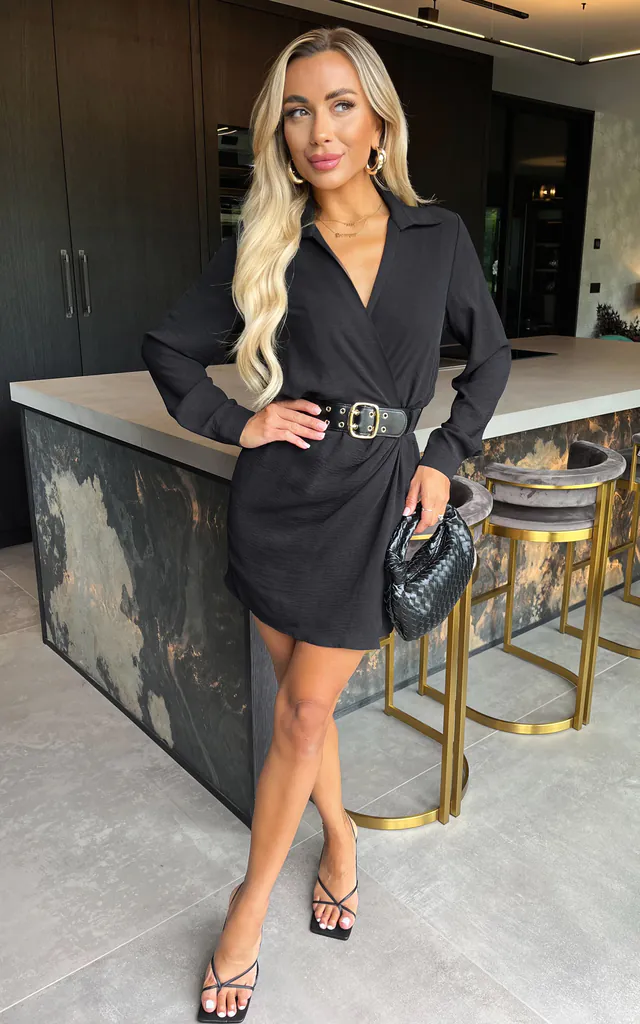 Black Wrap Top Long Sleeve Belted Mini Dress | AX Paris | SilkFred Black Wrap Top Long Sleeve Belted Mini Dress | AX Paris | SilkFred