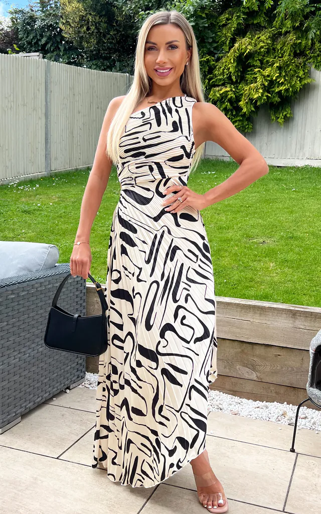 Black and Cream Printed One Shoulder Pleated Satin Midi Dress | AX Paris | SilkFred Black and Cream Printed One Shoulder Pleated Satin Midi Dress | AX Paris | SilkFred