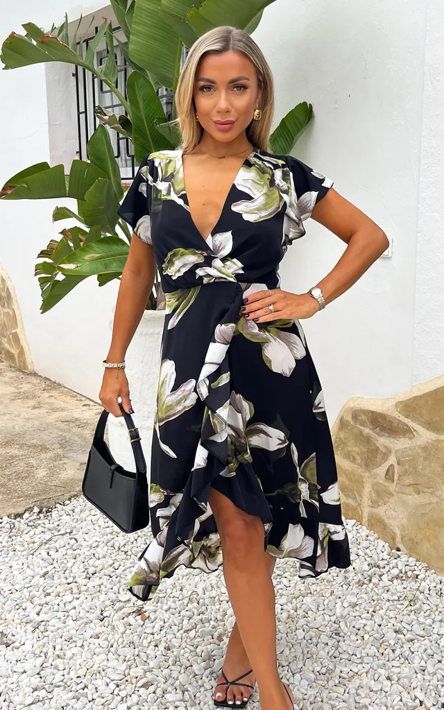Black And White Floral Print Frill Hem Wrap Midi Dress | AX Paris | SilkFred Black And White Floral Print Frill Hem Wrap Midi Dress | AX Paris | SilkFred
