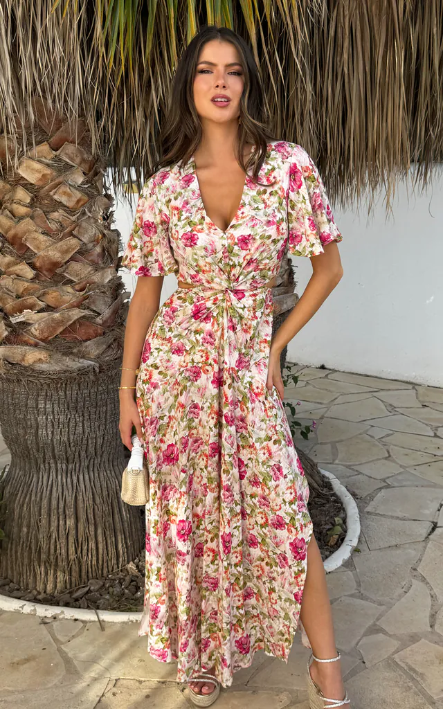 Multi Garden Print V Neck Cut Out Knot Detail Midi Dress | AX Paris | SilkFred Multi Garden Print V Neck Cut Out Knot Detail Midi Dress | AX Paris | SilkFred