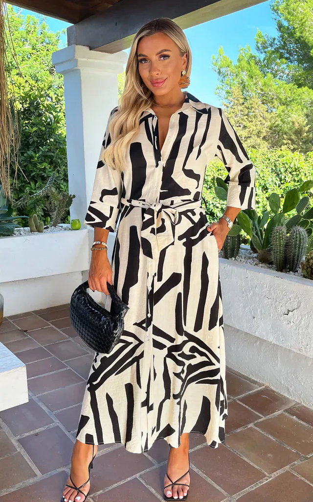 Black And Cream Abstract Print 3/4 Sleeve Shirt Midi Dress | AX Paris | SilkFred Black And Cream Abstract Print 3/4 Sleeve Shirt Midi Dress | AX Paris | SilkFred