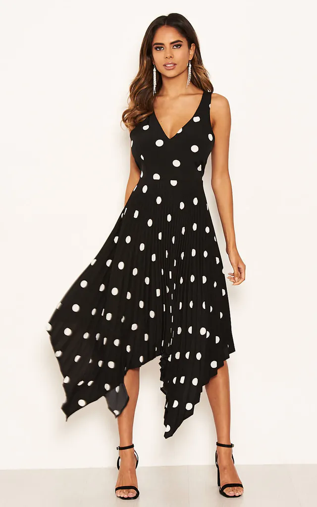Asymmetric Pleated Dress in Black Polka Dot | AX Paris | SilkFred Asymmetric Pleated Dress in Black Polka Dot | AX Paris | SilkFred