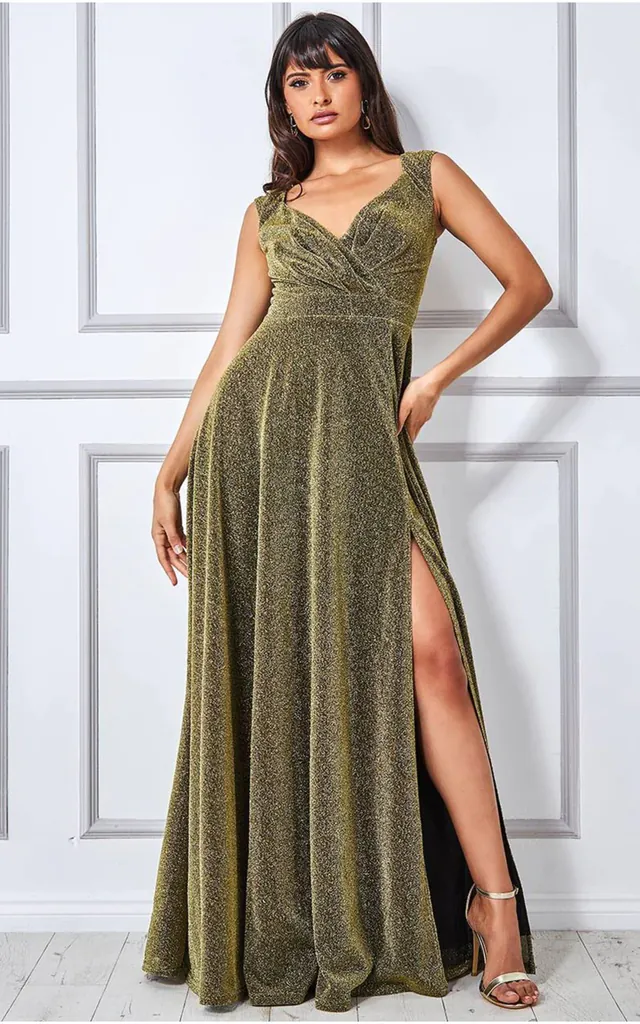 Crossover Lurex Glitter Maxi Dress in Gold | Goddiva | SilkFred Crossover Lurex Glitter Maxi Dress in Gold | Goddiva | SilkFred