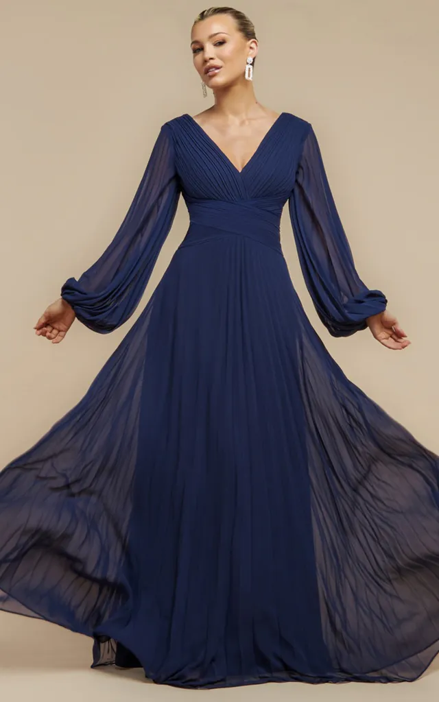 Balloon Sleeve Chiffon Maxi Dress in Navy Blue | Goddiva | SilkFred Balloon Sleeve Chiffon Maxi Dress in Navy Blue | Goddiva | SilkFred