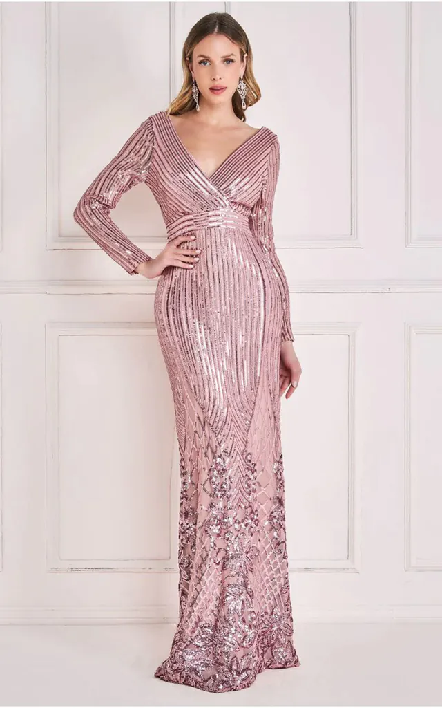 Long Sleeve Sequin V Wrap Maxi Dress in Blush | Goddiva | SilkFred Long Sleeve Sequin V Wrap Maxi Dress in Blush | Goddiva | SilkFred