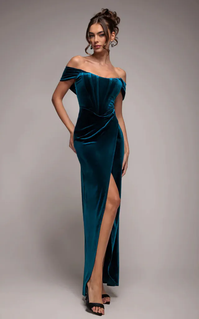 goddiva draped shoulder velvet corset midi dress reviews Goddiva Draped shoulder velvet corset midi dress in tealblue