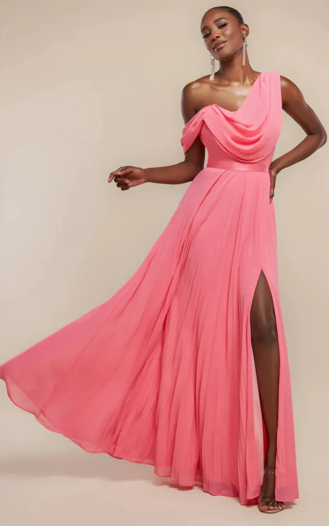 Cowl Neck One Shoulder A-Line Chiffon Maxi Dress in Coral | Goddiva | SilkFred Cowl Neck One Shoulder A-Line Chiffon Maxi Dress in Coral | Goddiva | SilkFred