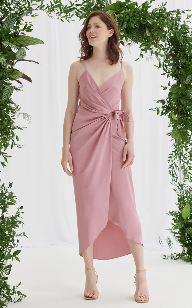 dusky pink wrap dress Dusty Rose Wrap Satin Dress With Flutter Sleeves