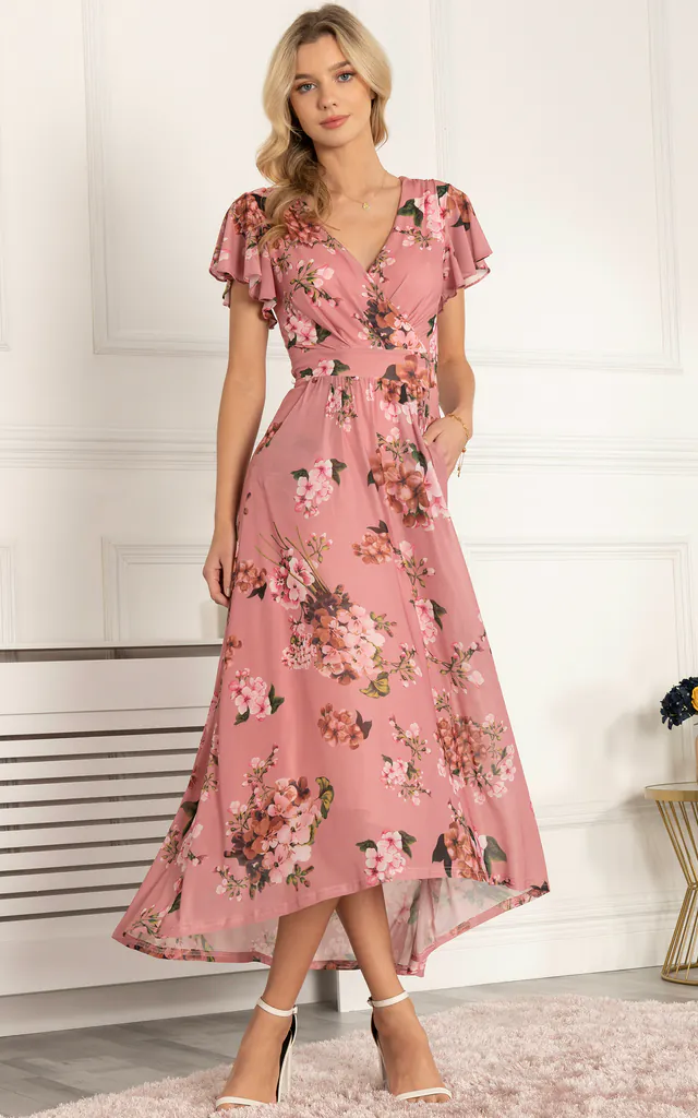pink dipped hem dress AX Paris Abstract Printed Halter Neck Dipped Hem Midi Dress - Pink