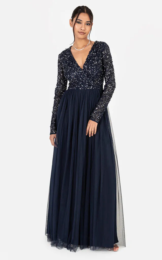 maya bridesmaid dress navy Maya Bridesmaid long sleeve maxi tulle dress with tonal delicate sequins in navy