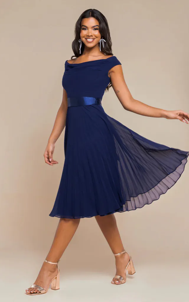 Cowl Neck Pleated A-Line Chiffon Midi Dress in Navy Blue | Goddiva | SilkFred Cowl Neck Pleated A-Line Chiffon Midi Dress in Navy Blue | Goddiva | SilkFred
