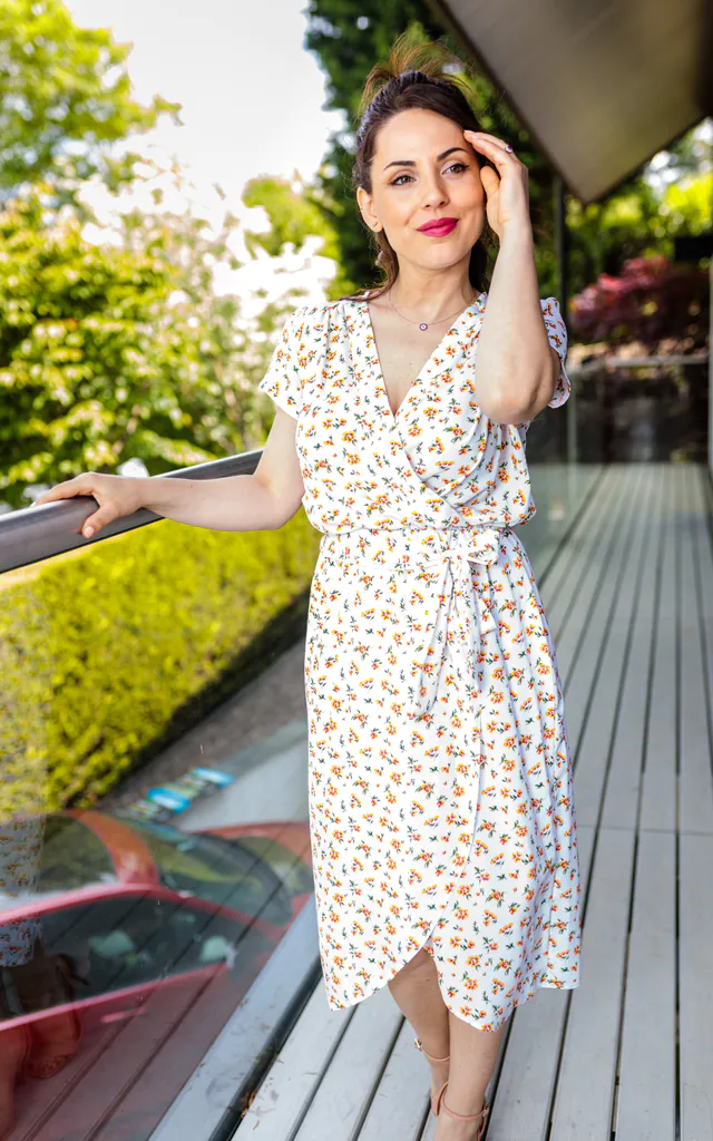 wrap summer midi dress Midi Length Linen Wrap Dress, M / White