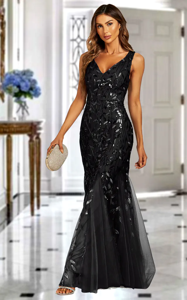Sequin Leaf Detailed V Neck Bridesmaid Maxi Dress In Black | FS Collection | SilkFred Sequin Leaf Detailed V Neck Bridesmaid Maxi Dress In Black | FS Collection | SilkFred
