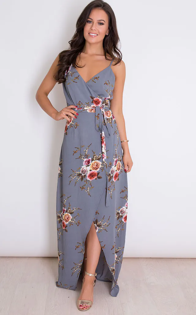 grey floral wrap dress Womens Roman Grey Floral Frill Belted Wrap Dress US 10