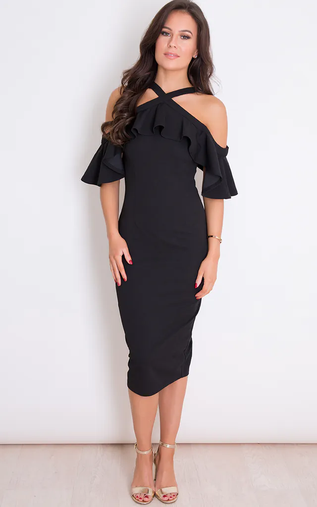Holly Halterneck Frill Cold Shoulder Midi Dress Black | Girl In Mind | SilkFred Holly Halterneck Frill Cold Shoulder Midi Dress Black | Girl In Mind | SilkFred