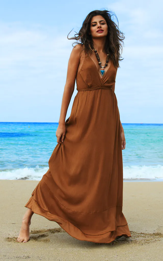 caramel brown dress CHICWISH Women's Caramel Knit Spliced Self-Tie Pleated Wrap Midi Dress at Amazon Women's Clothing store