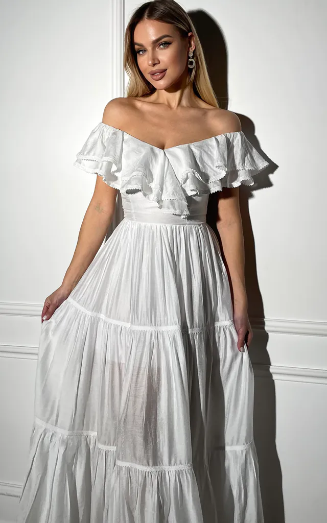 White Ruffled Asymmetrical Maxi Dress With Lace Decoration | GLOWSYOU | SilkFred White Ruffled Asymmetrical Maxi Dress With Lace Decoration | GLOWSYOU | SilkFred