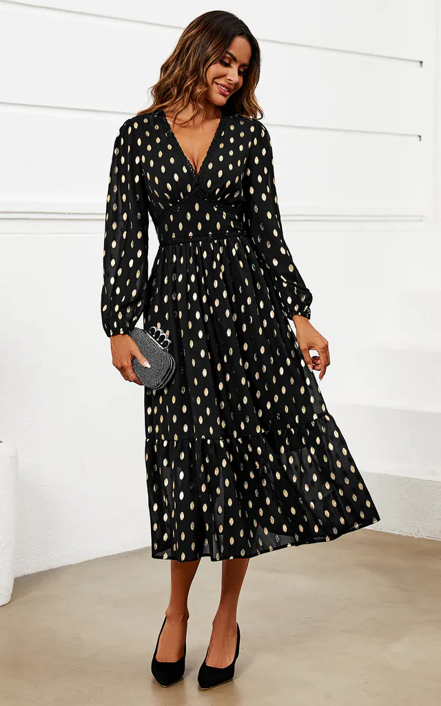 Gold Foil Lace Trim Long Sleeve Midi Dress In Black | FS Collection | SilkFred Gold Foil Lace Trim Long Sleeve Midi Dress In Black | FS Collection | SilkFred