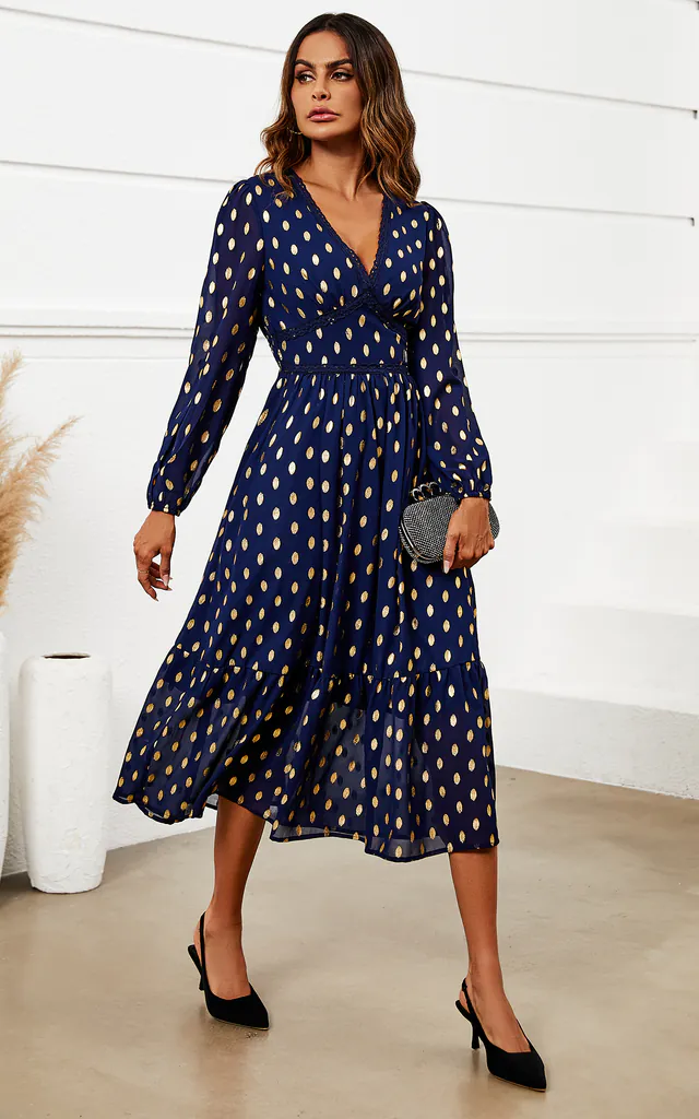 Gold Foil Lace Trim Long Sleeve Midi Dress In Navy | FS Collection | SilkFred Gold Foil Lace Trim Long Sleeve Midi Dress In Navy | FS Collection | SilkFred