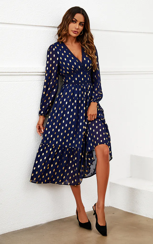 Gold Foil Lace Trim Long Sleeve Midi Dress In Navy | FS Collection | SilkFred Gold Foil Lace Trim Long Sleeve Midi Dress In Navy | FS Collection | SilkFred