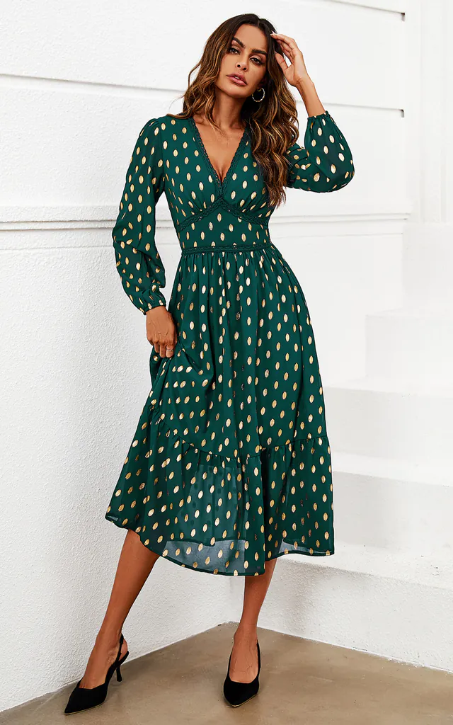 Gold Foil Lace Trim Long Sleeve Midi Dress In Dark Green | FS Collection | SilkFred Gold Foil Lace Trim Long Sleeve Midi Dress In Dark Green | FS Collection | SilkFred