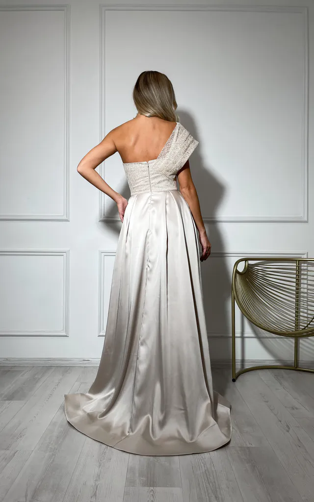 Champagne Corset Gown with Beaded Draping, Sequince, Slit, Pockets | GLOWSYOU | SilkFred Champagne Corset Gown with Beaded Draping, Sequince, Slit, Pockets | GLOWSYOU | SilkFred