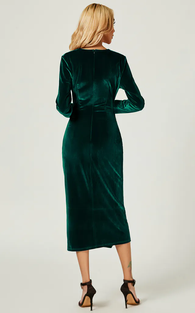 Silver Sparkly Velvet Long Sleeve Midi Dress In Green | FS Collection | SilkFred Silver Sparkly Velvet Long Sleeve Midi Dress In Green | FS Collection | SilkFred