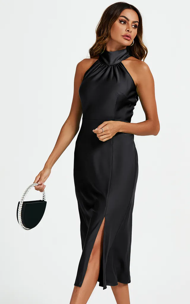Satin Halter Neck Tie Back Cut Detail Split Midi Dress In Black | FS Collection | SilkFred Satin Halter Neck Tie Back Cut Detail Split Midi Dress In Black | FS Collection | SilkFred