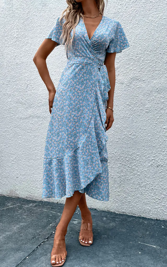 Floral Print Wrap Hem Midi Dress In Light Blue | FS Collection | SilkFred Floral Print Wrap Hem Midi Dress In Light Blue | FS Collection | SilkFred