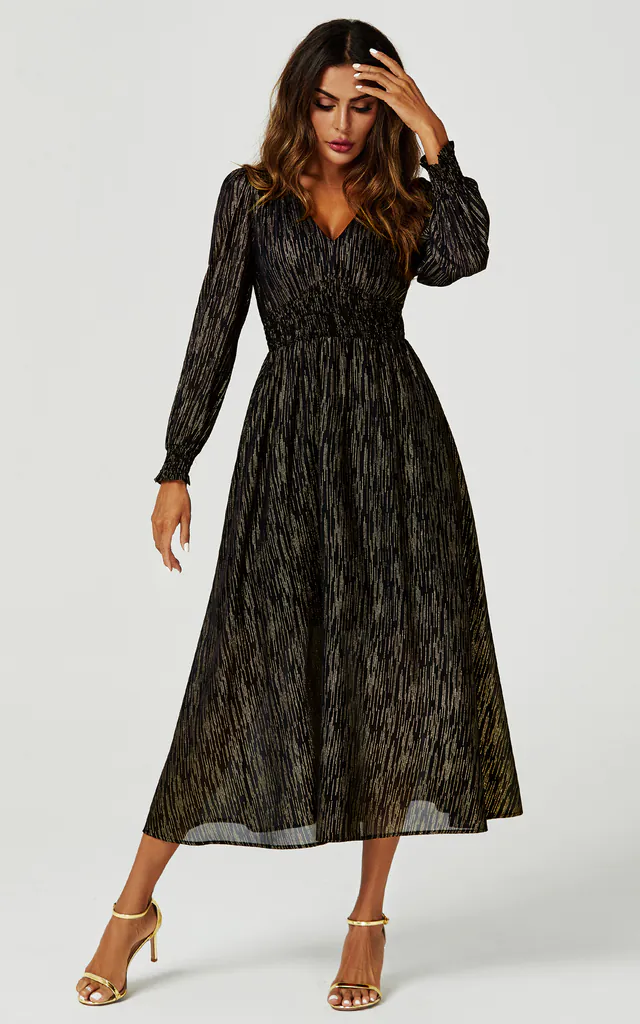 Gold Stripe Foil V-Neckline Long Sleeve Maxi Dress In Black | FS Collection | SilkFred Gold Stripe Foil V-Neckline Long Sleeve Maxi Dress In Black | FS Collection | SilkFred