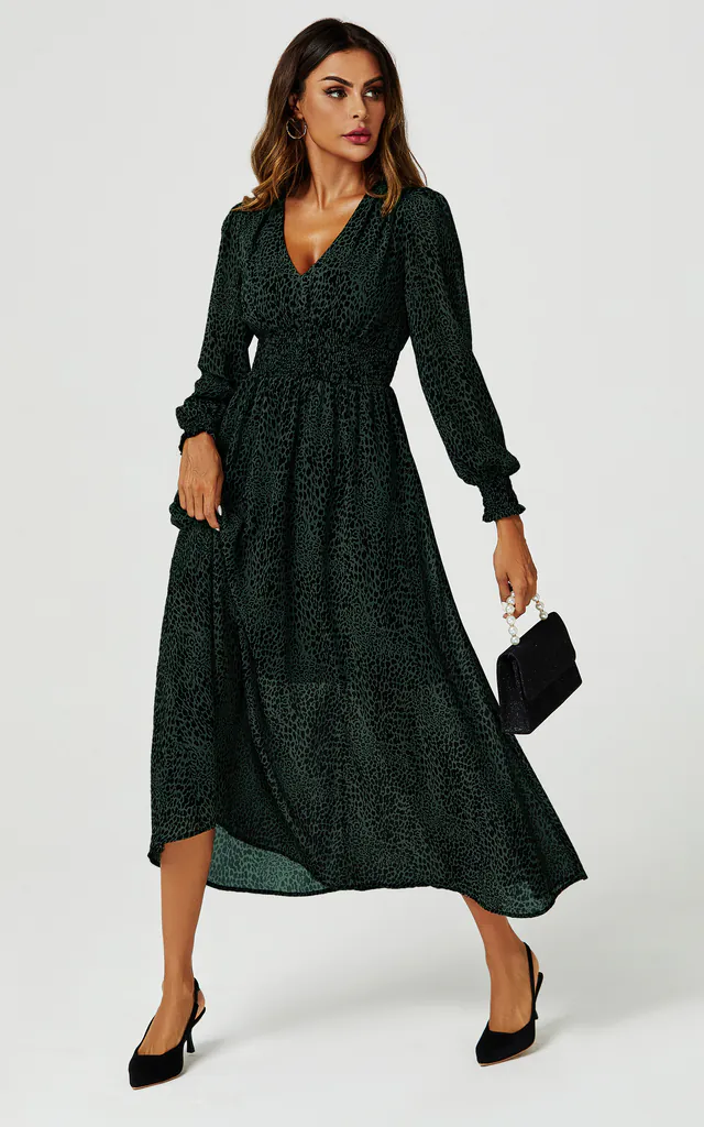 Leopard Print V Neckline Long Sleeve Maxi Dress In Dark Green | FS Collection | SilkFred Leopard Print V Neckline Long Sleeve Maxi Dress In Dark Green | FS Collection | SilkFred