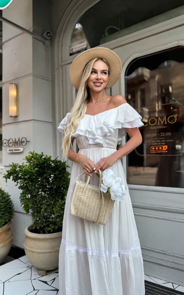 White Off the Shoulder Ruffle Maxi Dress, Flowy A-line Dress | GLOWSYOU | SilkFred White Off the Shoulder Ruffle Maxi Dress, Flowy A-line Dress | GLOWSYOU | SilkFred