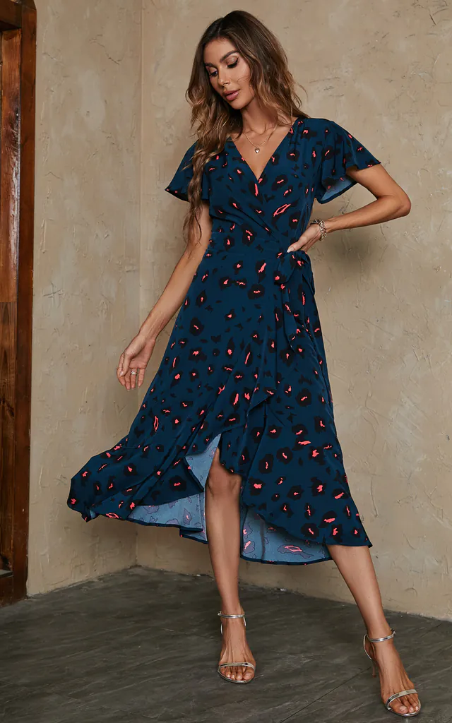 blue animal print wrap dress Love Frontrow Blue Leopard Print Mini Wrap Dress Tradegala