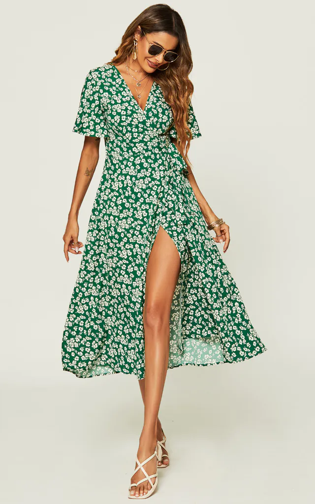 Pretty White Floral Print Wrap Midi Dress In Green | FS Collection | SilkFred Pretty White Floral Print Wrap Midi Dress In Green | FS Collection | SilkFred
