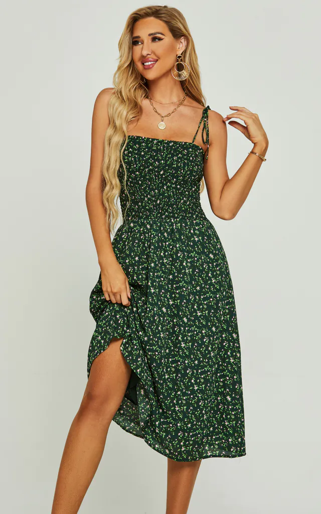 Little Floral Strappy Midi Dress In Dark Green | FS Collection | SilkFred Little Floral Strappy Midi Dress In Dark Green | FS Collection | SilkFred