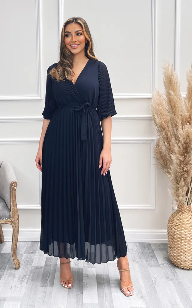 Tina Pleated Wrap Front Maxi Dress in Navy | IKRUSH | SilkFred Tina Pleated Wrap Front Maxi Dress in Navy | IKRUSH | SilkFred