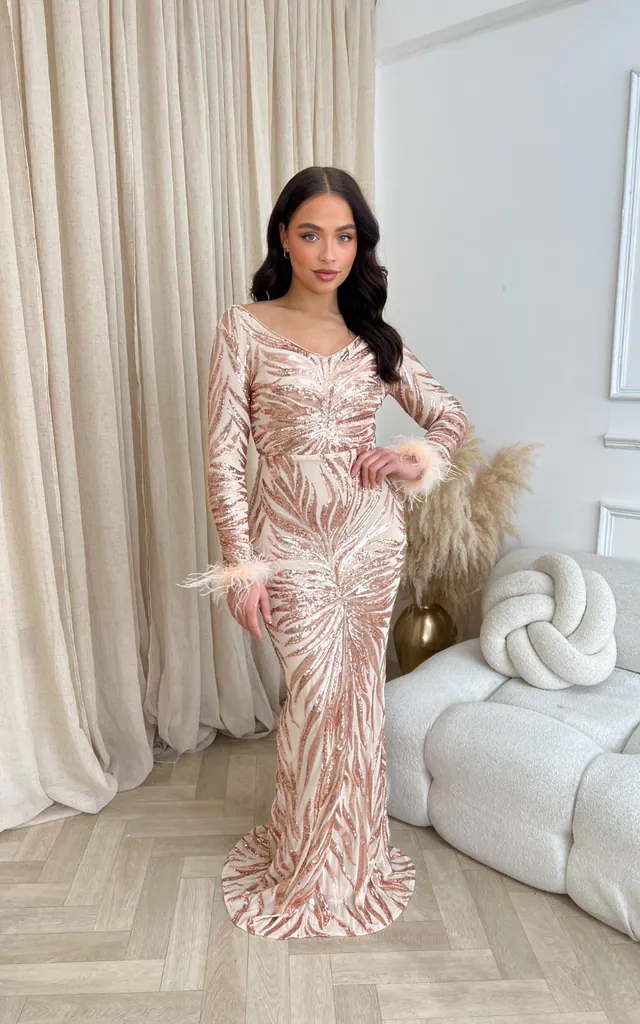Luminous Rose Gold Luxe Hourglass Embellished Sequin Long Sleeve Feather Cuff Maxi Dress | Nazz Collection | SilkFred Luminous Rose Gold Luxe Hourglass Embellished Sequin Long Sleeve Feather Cuff Maxi Dress | Nazz Collection | SilkFred